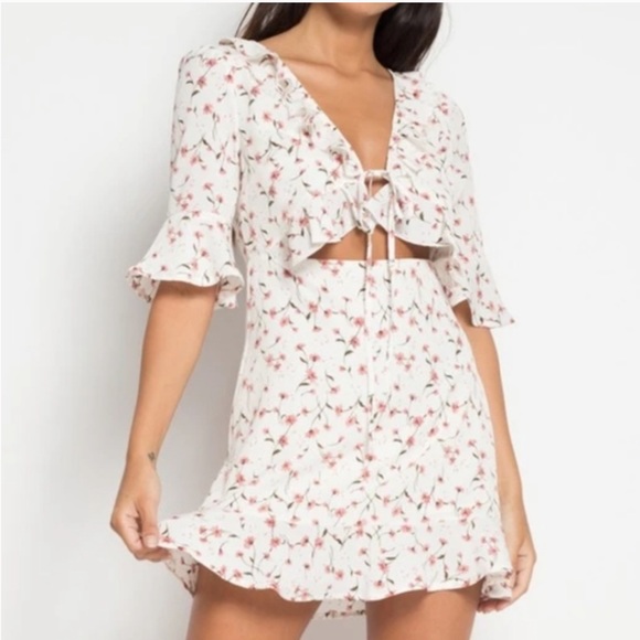 NEW floral summer mini dress front tie ruffled keyhole cutout pinup retro LARGE - Picture 14 of 16